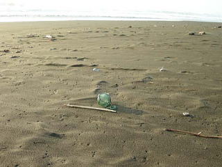 砂浜に漂着したガラス玉浮子